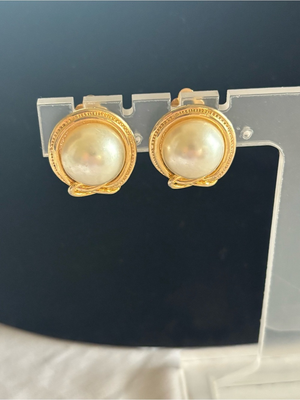 Vintage Gold-Tone Faux Pearl Button Knot Clip-On Earrings